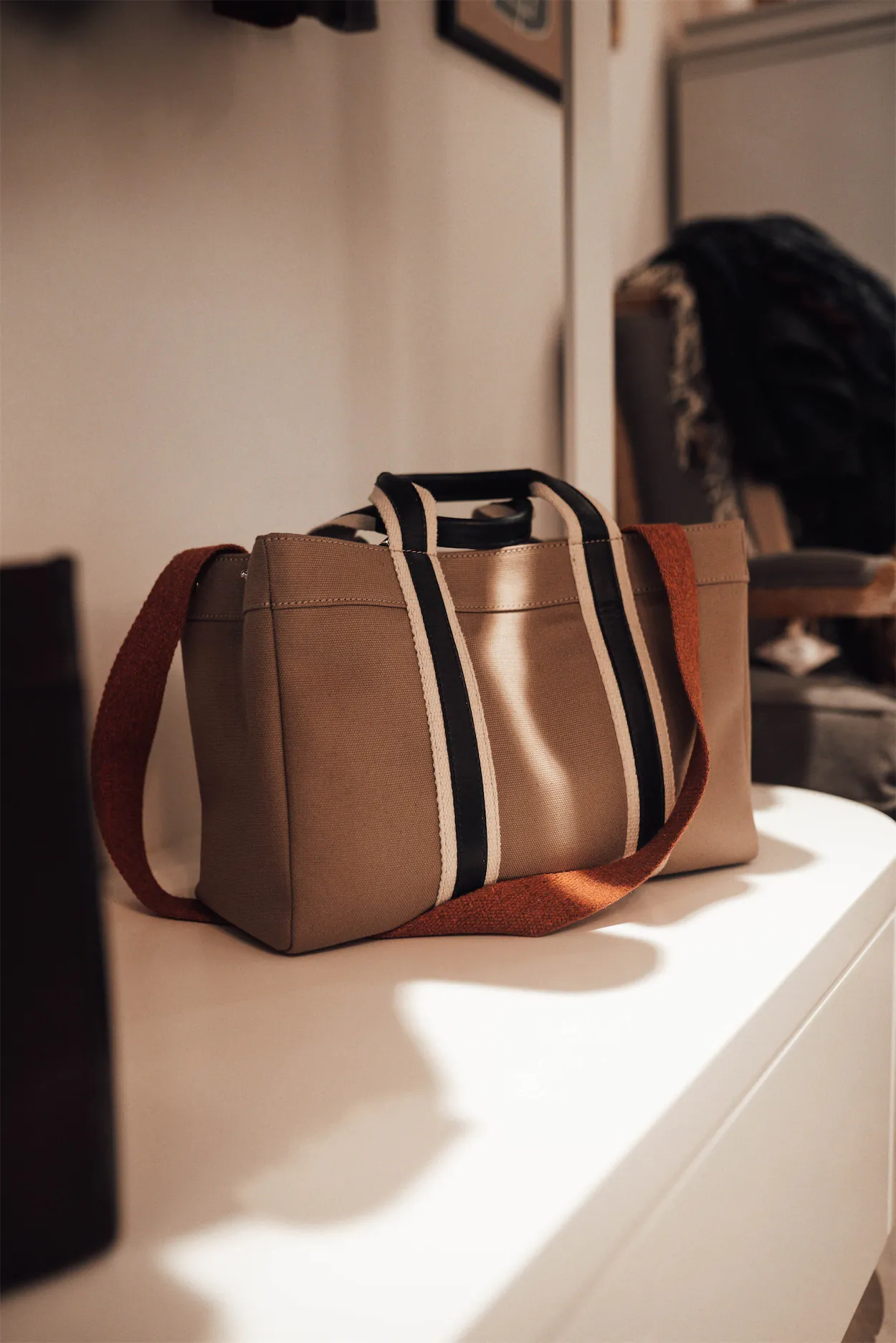 purse on a shelf